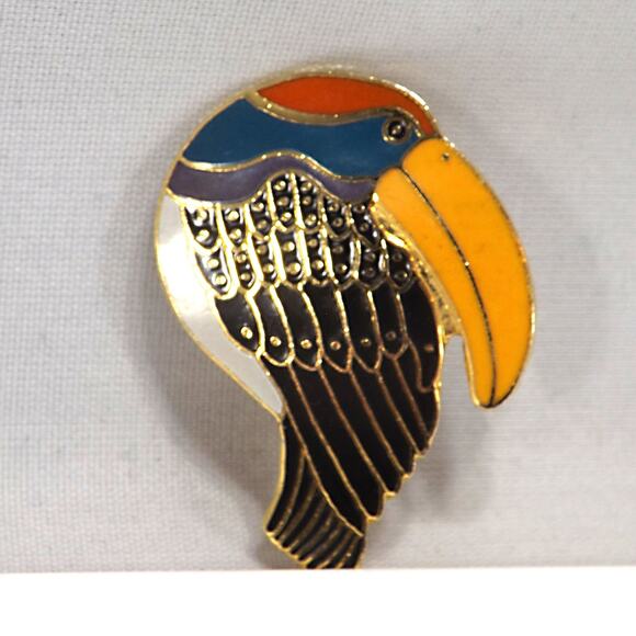 Laurel Burch Toucan Brooch, Gold Plated Cloisonne & Enamel, 1980 Vintage Jewelry - Picture 5 of 10